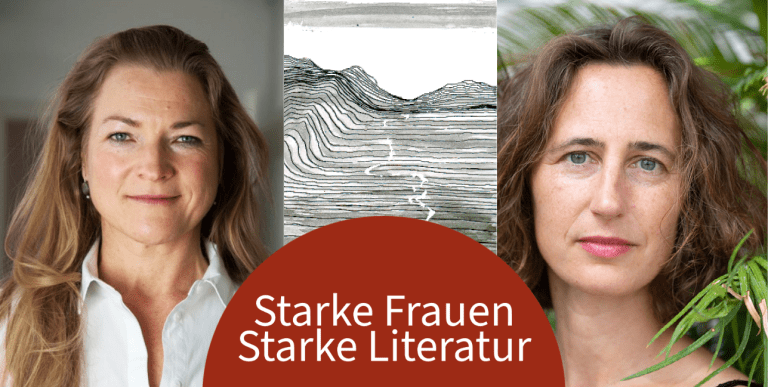 Bild mit Titel "Starke Frauen Starke Literatur" rechts ist Inga Bachmann und links Nancy Hespeler im Portrait zu sehen.